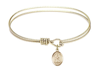 7 1/4 inch Oval Eye Hook Hamilton Gold Bangle Bracelet with a 14kt Gold Filled Saint Rachel charm. Engraved Catholic Saint Jewelry