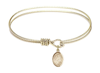 7 1/4 inch Oval Eye Hook Hamilton Gold Bangle Bracelet with a 14kt Gold Filled Saint Hildegard von Bingen charm. Engraved Catholic Saint Jewelry