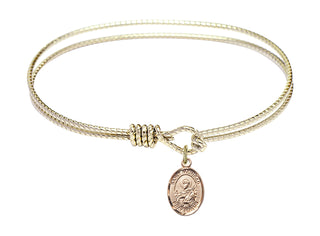 7 1/4 inch Oval Eye Hook Hamilton Gold Bangle Bracelet with a 14kt Gold Filled Saint Meinrad of Einsiedeln charm. Engraved Catholic Saint Jewelry
