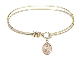 7 1/4 inch Oval Eye Hook Hamilton Gold Bangle Bracelet with a 14kt Gold Filled Saint Odilia charm. Engraved Catholic Saint Jewelry