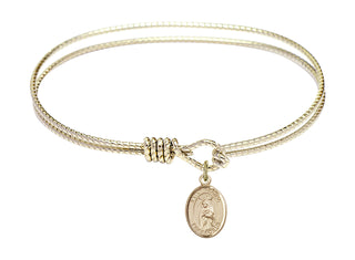 7 1/4 inch Oval Eye Hook Hamilton Gold Bangle Bracelet with a 14kt Gold Filled Saint Regina charm. Engraved Catholic Saint Jewelry