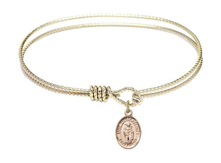 7 1/4 inch Oval Eye Hook Hamilton Gold Bangle Bracelet with a 14kt Gold Filled Saint Thomas A Becket charm. Engraved Catholic Saint Jewelry