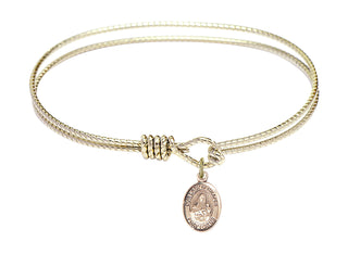 7 1/4 inch Oval Eye Hook Hamilton Gold Bangle Bracelet with a 14kt Gold Filled Our Lady of Grapes charm. Engraved Catholic Saint Jewelry