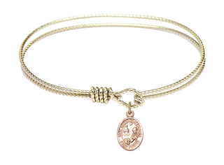 7 1/4 inch Oval Eye Hook Hamilton Gold Bangle Bracelet with a 14kt Gold Filled Saint Catherine of Bologna charm. Engraved Catholic Saint Jewelry
