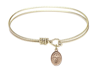 7 1/4 inch Oval Eye Hook Hamilton Gold Bangle Bracelet with a 14kt Gold Filled Divine Mercy charm.