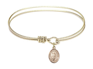 7 1/4 inch Oval Eye Hook Hamilton Gold Bangle Bracelet with a 14kt Gold Filled Saint Ivo of Kelmartin charm. Engraved Catholic Saint Jewelry
