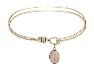 7 1/4 inch Oval Eye Hook Hamilton Gold Bangle Bracelet with a 14kt Gold Filled Our Lady of Assumption charm. Engraved Catholic Saint Jewelry