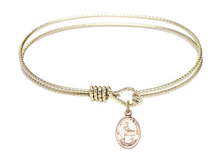 7 1/4 inch Oval Eye Hook Hamilton Gold Bangle Bracelet with a 14kt Gold Filled Blessed Emilee Doultremont charm. Engraved Catholic Saint Jewelry