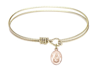 7 1/4 inch Oval Eye Hook Hamilton Gold Bangle Bracelet with a 14kt Gold Filled Saint Jadwiga of Poland charm. Engraved Catholic Saint Jewelry