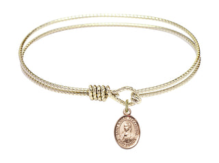 7 1/4 inch Oval Eye Hook Hamilton Gold Bangle Bracelet with a 14kt Gold Filled Saint Kateri Tekakwitha charm. Engraved Catholic Saint Jewelry