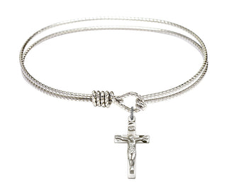 7 1/4 inch Oval Eye Hook Rhodium Bangle Bracelet with a Sterling Silver Crucifix charm.