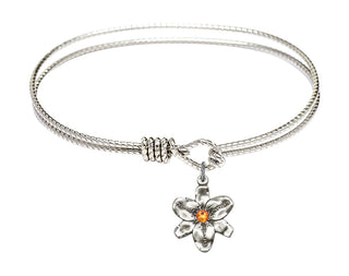 7 1/4 inch Oval Eye Hook Rhodium Bangle Bracelet with a Sterling Silver Chastity charm.