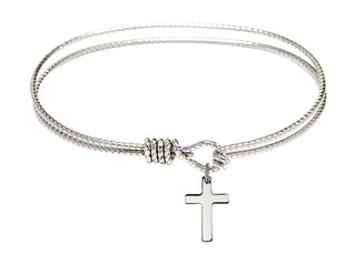 7 1/4 inch Oval Eye Hook Rhodium Bangle Bracelet with a Sterling Silver Cross charm.
