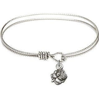 7 1/4 inch Oval Eye Hook Rhodium Bangle Bracelet with a Sterling Silver Rosebud charm.