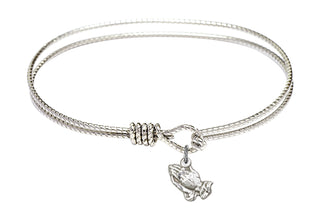 7 1/4 inch Oval Eye Hook Rhodium Bangle Bracelet with a Sterling Silver Praying Hands charm.