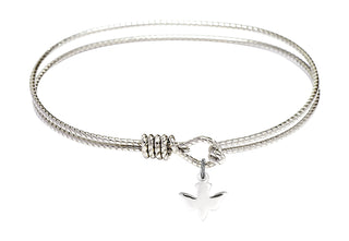 7 1/4 inch Oval Eye Hook Rhodium Bangle Bracelet with a Sterling Silver Holy Spirit charm.