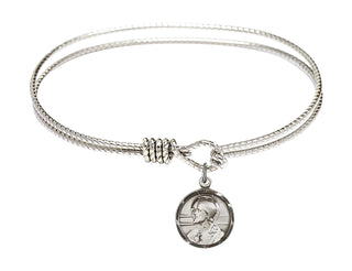 7 1/4 inch Oval Eye Hook Rhodium Bangle Bracelet with a Sterling Silver Scapular charm. Engraved Catholic Saint Jewelry