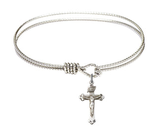 7 1/4 inch Oval Eye Hook Rhodium Bangle Bracelet with a Sterling Silver Crucifix charm.