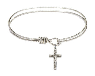 7 1/4 inch Oval Eye Hook Rhodium Bangle Bracelet with a Sterling Silver Crucifix charm.
