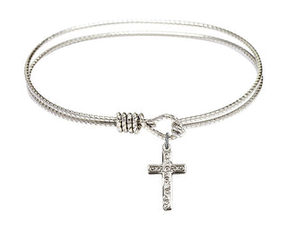 7 1/4 inch Oval Eye Hook Rhodium Bangle Bracelet with a Sterling Silver Cross charm.