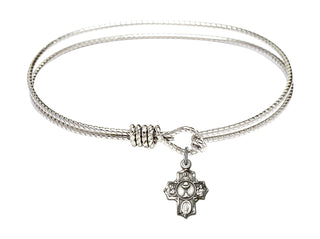 7 1/4 inch Oval Eye Hook Rhodium Bangle Bracelet with a Sterling Silver Communion 5-Way charm.