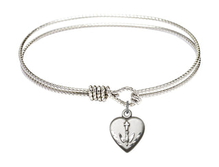 7 1/4 inch Oval Eye Hook Rhodium Bangle Bracelet with a Sterling Silver Heart / Confirmation charm.