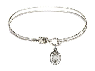 7 1/4 inch Oval Eye Hook Rhodium Bangle Bracelet with a Sterling Silver Baptism charm.