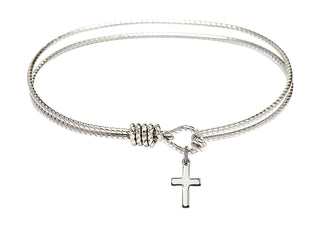 7 1/4 inch Oval Eye Hook Rhodium Bangle Bracelet with a Sterling Silver Cross charm.