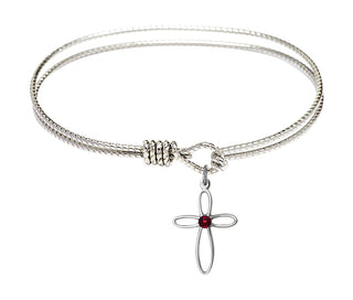 7 1/4 inch Oval Eye Hook Rhodium Bangle Bracelet with a Sterling Silver Loop Cross charm.