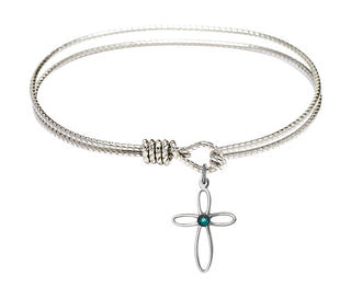 7 1/4 inch Oval Eye Hook Rhodium Bangle Bracelet with a Sterling Silver Loop Cross charm.