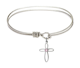7 1/4 inch Oval Eye Hook Rhodium Bangle Bracelet with a Sterling Silver Loop Cross charm.