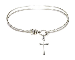 7 1/4 inch Oval Eye Hook Rhodium Bangle Bracelet with a Sterling Silver Maltese Cross charm.