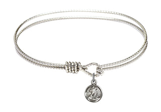 7 1/4 inch Oval Eye Hook Rhodium Bangle Bracelet with a Sterling Silver Guardian Angel charm.