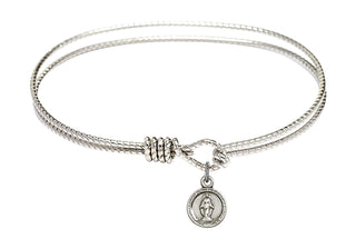 7 1/4 inch Oval Eye Hook Rhodium Bangle Bracelet with a Sterling Silver Miraculous charm.