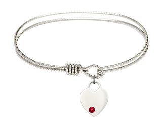 7 1/4 inch Oval Eye Hook Rhodium Bangle Bracelet with a Sterling Silver Heart charm. Engraved Catholic Saint Jewelry