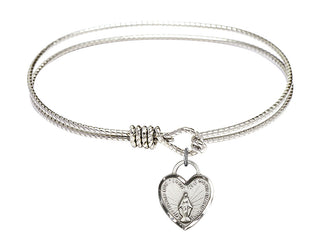 7 1/4 inch Oval Eye Hook Rhodium Bangle Bracelet with a Sterling Silver Miraculous Heart charm. Engraved Catholic Saint Jewelry
