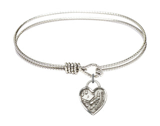 7 1/4 inch Oval Eye Hook Rhodium Bangle Bracelet with a Sterling Silver Graduation Heart charm. Engraved Catholic Saint Jewelry