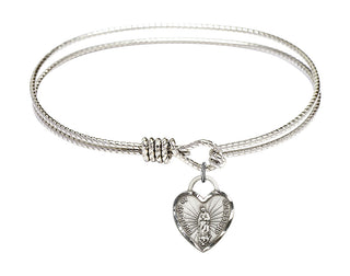 7 1/4 inch Oval Eye Hook Rhodium Bangle Bracelet with a Sterling Silver Our Lady of Guadalupe Heart charm.