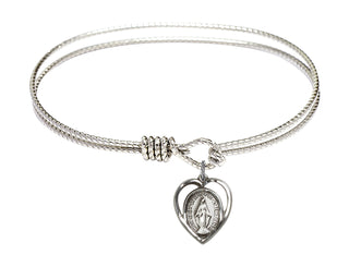 7 1/4 inch Oval Eye Hook Rhodium Bangle Bracelet with a Sterling Silver Miraculous charm.