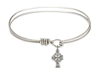 7 1/4 inch Oval Eye Hook Rhodium Bangle Bracelet with a Sterling Silver Celtic Cross charm.