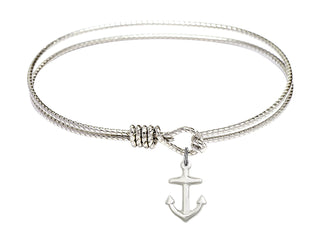 7 1/4 inch Oval Eye Hook Rhodium Bangle Bracelet with a Sterling Silver Anchor charm.