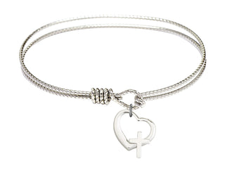 7 1/4 inch Oval Eye Hook Rhodium Bangle Bracelet with a Sterling Silver Heart / Cross charm.