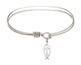 7 1/4 inch Oval Eye Hook Rhodium Bangle Bracelet with a Sterling Silver Fish / Cross charm.