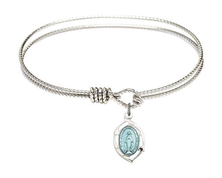 7 1/4 inch Oval Eye Hook Rhodium Bangle Bracelet with a Sterling Silver Miraculous Leaf charm.