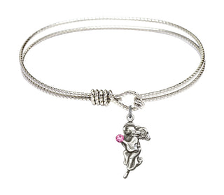 7 1/4 inch Oval Eye Hook Rhodium Bangle Bracelet with a Sterling Silver Guardian Angel charm.