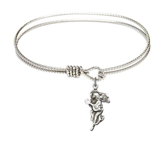 7 1/4 inch Oval Eye Hook Rhodium Bangle Bracelet with a Sterling Silver Guardian Angel charm.
