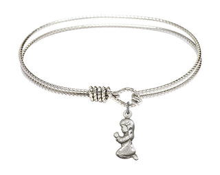 7 1/4 inch Oval Eye Hook Rhodium Bangle Bracelet with a Sterling Silver Praying Girl charm.