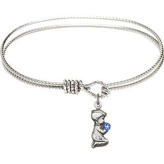7 1/4 inch Oval Eye Hook Rhodium Bangle Bracelet with a Sterling Silver Praying Boy charm.