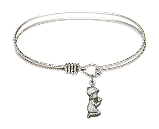 7 1/4 inch Oval Eye Hook Rhodium Bangle Bracelet with a Sterling Silver Praying Boy charm.