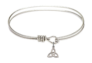 7 1/4 inch Oval Eye Hook Rhodium Bangle Bracelet with a Sterling Silver Trinity Irish Knot charm.